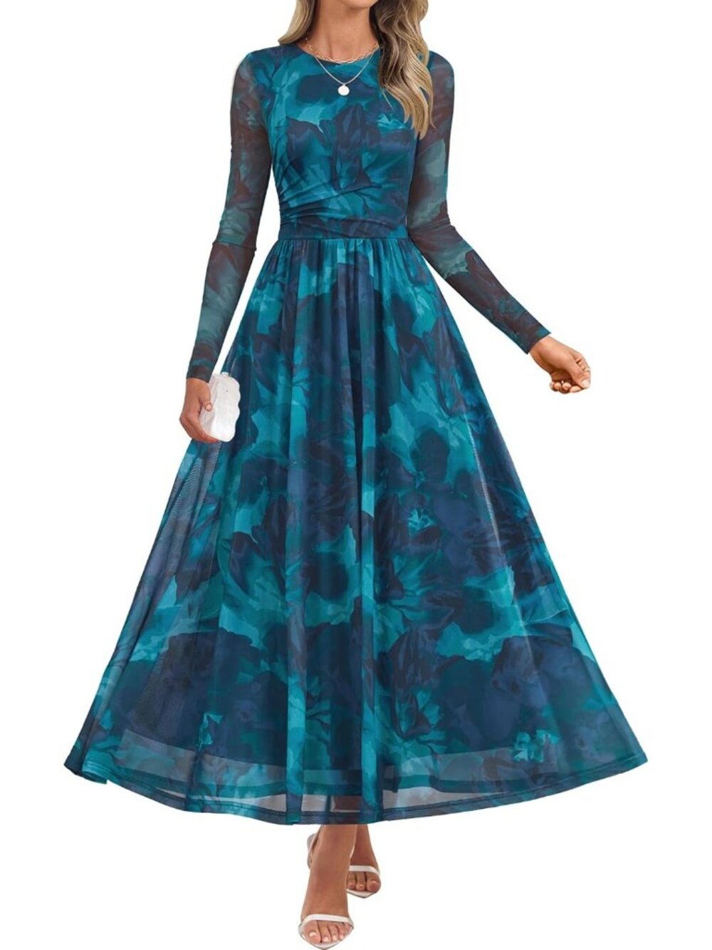Women's Blue Floral Print Long Sleeve Crew Neck High Waist Imported Maxi Dress
